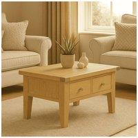 Home Source Melbourne Solid Wooden 2 Drawer Coffee Table Metal Handles Oak Top in Light Oak