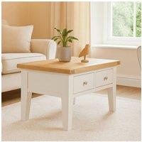 Home Source Melbourne Solid Wooden 2 Drawer Coffee Table Metal Handles Oak Top in White