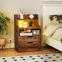Costway LED Nightstand with Charging Station 2-Drawer Bedside Table in Brown