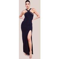 Goddiva Women's Ribbed Criss Cross Halter Neck Maxi Dress With Thigh Split in Black | Size: 14