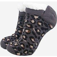 Sock Talk Women's Grey Leopard Print Fluffy Slipper Ankle Socks with Grips in Dark Grey | Size: 3-7