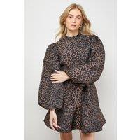 Oasis Women's Leopard Print Jacquard Balloon Sleeve Mini Dress in Brown | Size: 10
