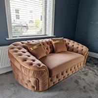 Stratus Interiors Ambassador Sofa Chesterfield Toronto Gold Trim Plush Velvet - Frills in Medium Beige | Size: 2 Seater