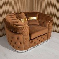 Stratus Interiors Ambassador Sofa Chesterfield Toronto Gold Trim Plush Velvet No Frills in Light Tan