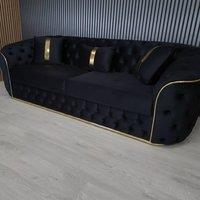 Stratus Interiors Ambassador 3-Seater Sofa Gold Trim Plush Velvet Frill Design in Black