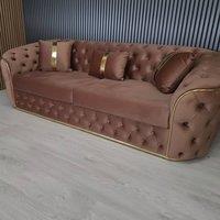 Stratus Interiors Ambassador 3-Seater Sofa Gold Trim Plush Velvet Frill Design in Light Brown