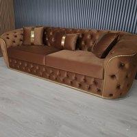 Stratus Interiors Ambassador 3-Seater Sofa Gold Trim Plush Velvet Frill Design in Brown