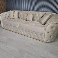 Stratus Interiors Ambassador 3-Seater Sofa Gold Trim Plush Velvet Frill Design in Cream