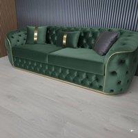 Stratus Interiors Ambassador 3-Seater Sofa Gold Trim Plush Velvet Frill Design in Green