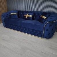 Stratus Interiors Ambassador Sofa Chesterfield Toronto Gold Trim Velvet No Frill Design in Blue