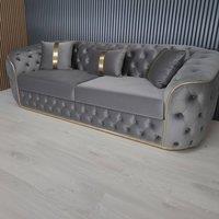 Stratus Interiors Ambassador Sofa Chesterfield Toronto Gold Trim Velvet No Frill Design in Silver