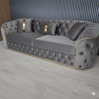 Stratus Interiors Ambassador Sofa Chesterfield Toronto Gold Trim Velvet No Frill Design in Grey