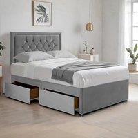 Bed Time UK Plush Divan Bed with Mattress, 2 Drawers & 20 Chesterfield Headboard in Grey | Size: Small Double