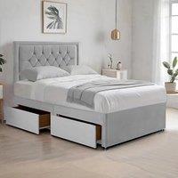 Bed Time UK Plush Divan Bed with Mattress, 2 Drawers & 20 Chesterfield Headboard in Silver | Size: Single