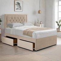 Bed Time UK Plush Divan Bed with Mattress, 2 Drawers & 20 Chesterfield Headboard in Ivory | Size: Small Double