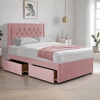 Bed Time UK Plush Divan Bed with Mattress, 2 Drawers & 20 Chesterfield Headboard in Pink | Size: Small Double