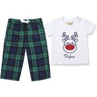 60 SECOND MAKEOVER Personalised Rudolph Reindeer Christmas Pyjamas Matching in Green | Size: 6-12 m