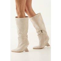MissPap Women's Faux Suede High Wedge Knee Boots in Beige | Size: 4