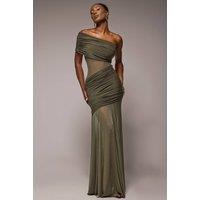 Goddiva Women's Gathered One Shoulder Sheer Panel Maxi Dress in Khaki | Size: 16