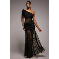 Goddiva Women's Gathered One Shoulder Sheer Panel Maxi Dress in Black | Size: 14