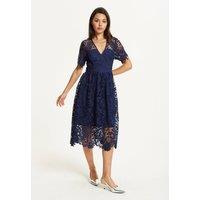 Liquorish Women's FLARE LACE MIDI DRESS IN NAVY | Size: 12