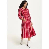 Liquorish Women's Embroidered Midi Shirt Dress in Red | Size: 14