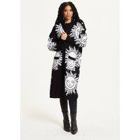 Liquorish Women's Black Sunface Print Longline Cardigan | Size: Small