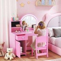 AIYAPLAY Women's Dressing Table with 2-Colour LED Mirror & Stool, Pink