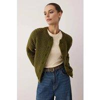 WOVCOR Women's Textured Knit Button-Front Crew Neck Cardigan in Khaki | Size: Large
