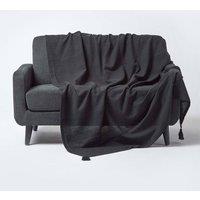 Homescapes Cotton Rajput Ribbed Throw in Black | Size: 225 cm x 255 cm