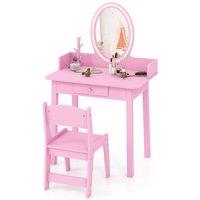 Costway Kids Vanity Set Makeup Beauty Dressing Table w/ Lighted Mirror-Pink in Pink