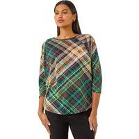 Roman Women's Check Print Round Hem Top in Green | Size: 20