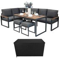 Monstershop Aluminium Corner Sofa Set With Black Rattan Storage Box - Wood Effect in Brown
