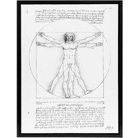 Artery8 Vitruvian Man Black & White da Vinci Vintage Framed Canvas Wall Art | Size: W12 x H16