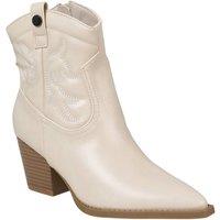 MODISHION Women's Embroidered Pointed Toe Cowboy Ankle Boots with Block Heel in Off-White | Size: 4.5