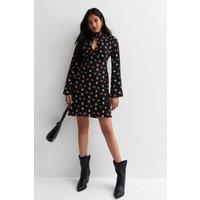Gini London Women's Black Rose Print Flared Sleeve Mini Dress | Size: 10