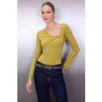 WOVCOR Women's Asymmetric Long Sleeve Bodysuit with Metal Ring Detail in Green | Size: XS