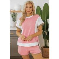 Everyday The Label Women's Pink Textured Colorblock Patchwork Tee Two Piece Shorts Set | Size: XL