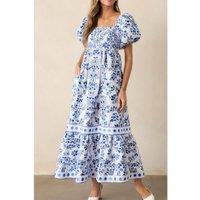 Everyday The Label Women's Sky Blue Floral Print Square Neck Bubble Sleeve High Waist Maxi Dress | Size: Large