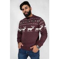 AARHON Men's Mens Nordic Stag Reindeer Festive Christmas Jumper in Burgundy | Size: Large