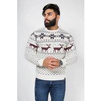 AARHON Men's Mens Nordic Stag Reindeer Festive Christmas Jumper in Cream | Size: Small