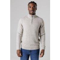 Tokyo Laundry Men's Quarter Zip Basket Stitch Jumper in Natural | Size: Large