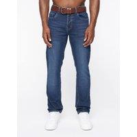 Crosshatch Farrowed Men's Cotton-Stretch Jeans with Branded Belt & Button Fly in Dark Blue | Size: 34S
