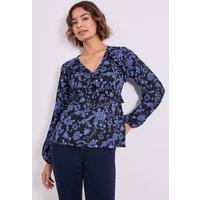 Dorothy Perkins Women's Blue Floral Empire Seam Frill Detail Printed Jersey Top | Size: 12