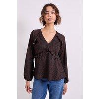 Dorothy Perkins Women's Brown Animal Empire Seam Frill Detail Printed Jersey Top | Size: 12