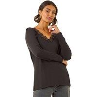 Roman Women's Lace V-Neck Stretch Top in Black | Size: 12