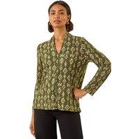 Roman Women's Aztec Print V-Neck Stretch Top in Khaki | Size: 10