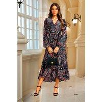 FS Collection Women's Abstract Floral Print Long Sleeve V Neck Wrap Top Midi Dress In Black | Size: Medium