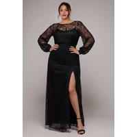Goddiva Women's Lace Long Sleeve Shirred Waist Maxi Dress in Black | Size: 22