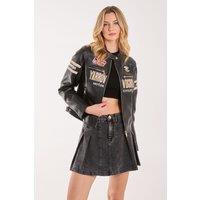 Pink Vanilla Women's Patch Mix Motocross Biker Jacket in Black | Size: 14